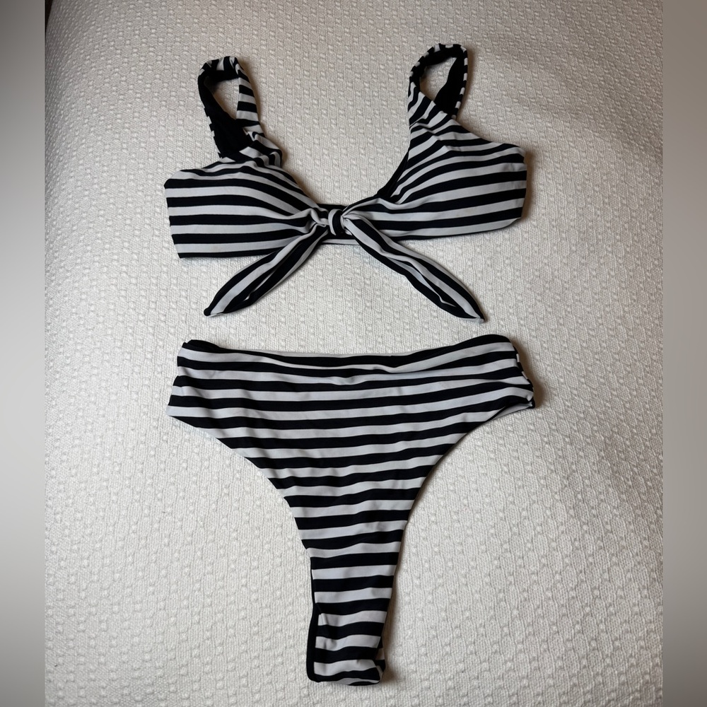 Black and White Striped Thong Bikini Set Medium Padded